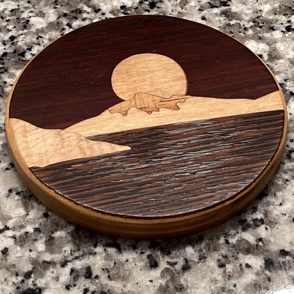 Wood Inlaid 4 Coasters Sailboat and Mountain Sunset - Picture 6 of 7